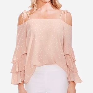 Vince Camuto Cold Shoulder Tiered Sleeve Pink & White Polka Dot Blouse Size XL